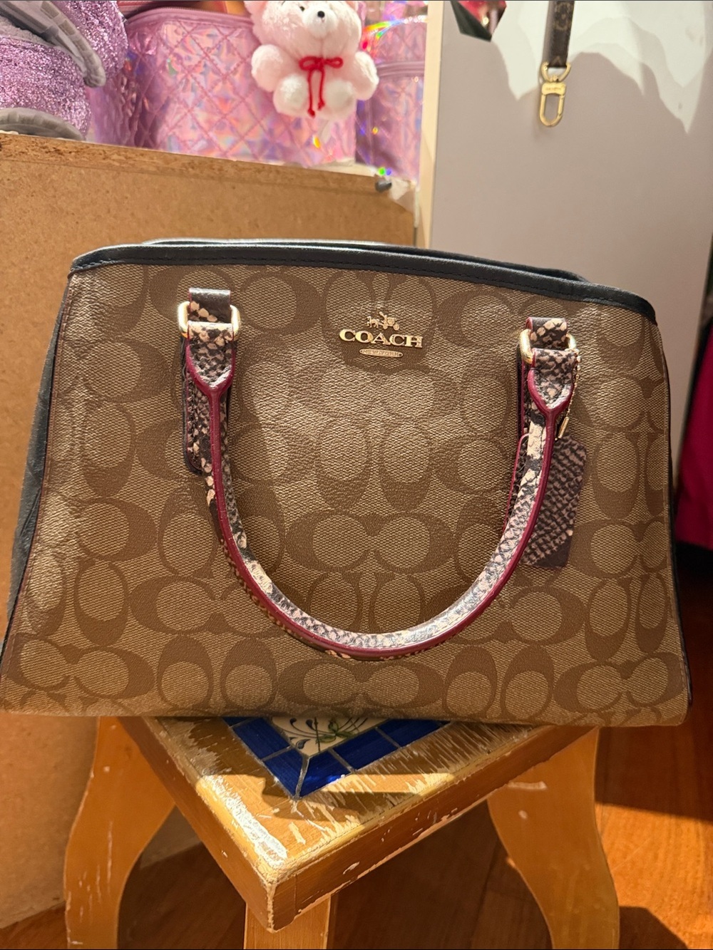Coach Brown Signature Satchel with Pink-Trim Handles